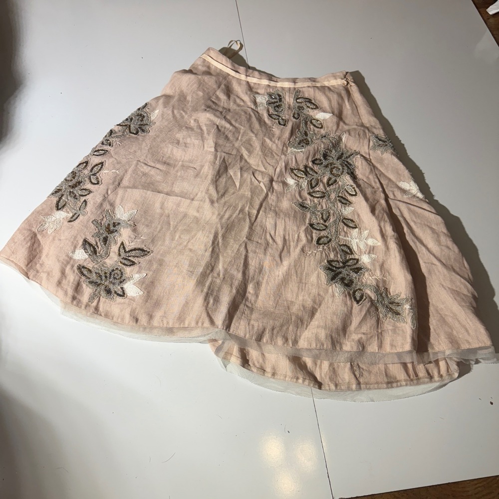 Tracy Reese Vintage Linen Beaded Floral A-Line Skirt Beige Tulle Trim Size 4